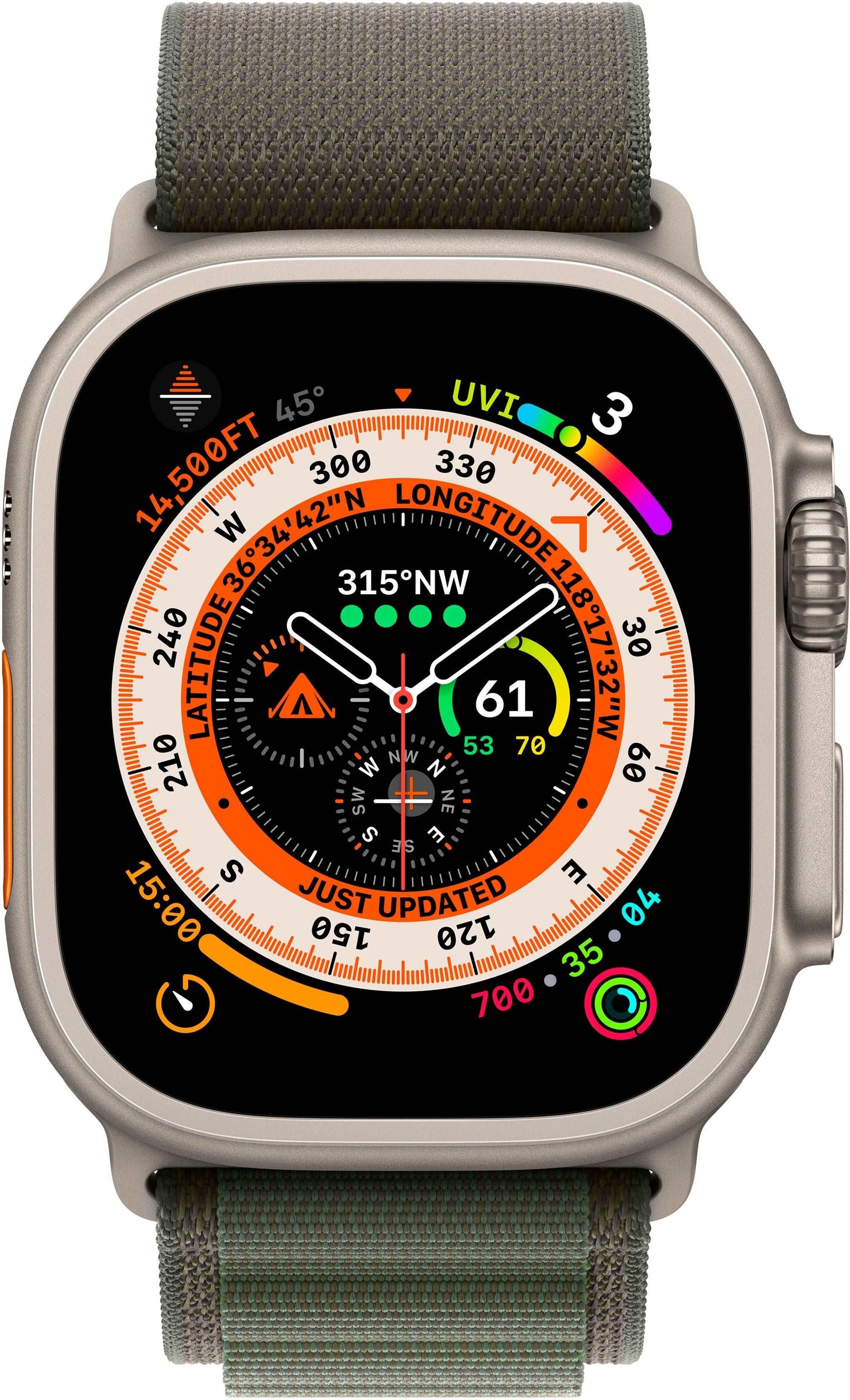 Apple Watch Ultra (GPS + Cellular) 49mm Titanium Case with Green Alpine Loop - Large - Titanium